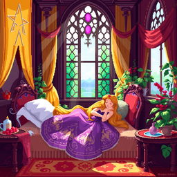 A charming pixel art scene of Sleeping Beauty peacefully sleeping in her enchanting castle