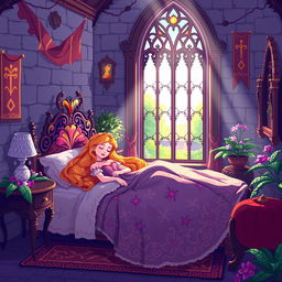 A charming pixel art scene of Sleeping Beauty peacefully sleeping in her enchanting castle