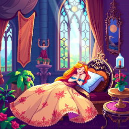 A charming pixel art scene of Sleeping Beauty peacefully sleeping in her enchanting castle