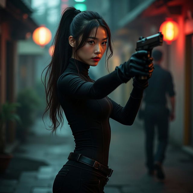 A seductive Chinese female secret agent in an action-packed scene, poised to kill an opponent with grace and precision