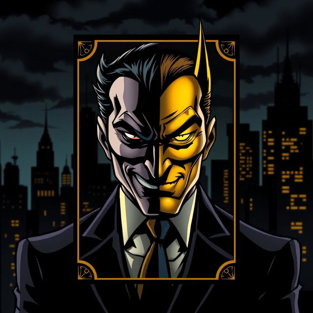 A rare black and gold card featuring Two-Face, inspired by the artistic style of the 1992 Batman animated series