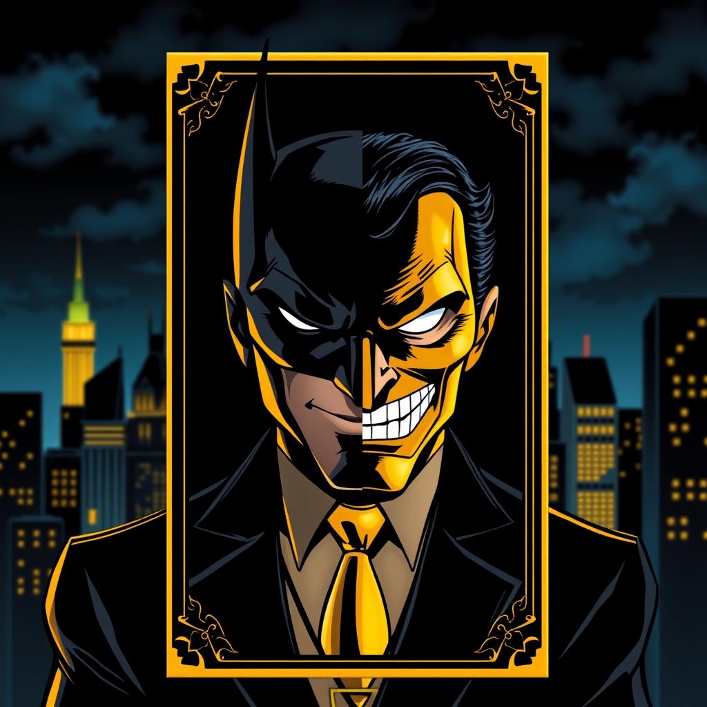 A rare black and gold card featuring Two-Face, inspired by the artistic style of the 1992 Batman animated series