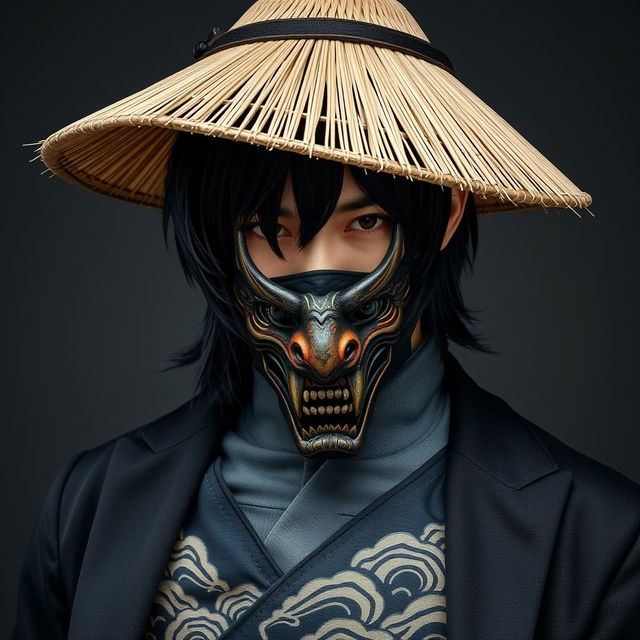 A 23-year-old Japanese man with medium-length jet-black hair that gracefully falls around his face