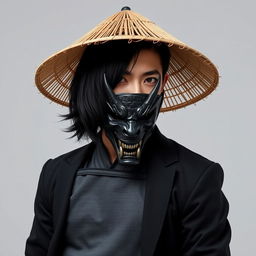 A 23-year-old Japanese man with medium-length jet-black hair that gracefully falls around his face