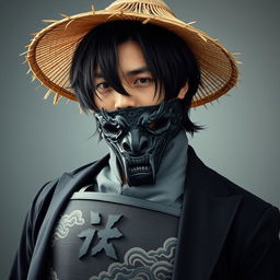 A 23-year-old Japanese man with medium-length jet-black hair that gracefully falls around his face