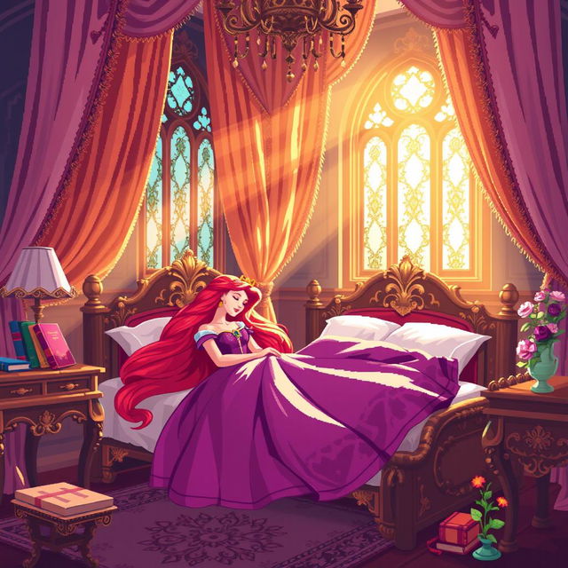 A delightful pixel art scene of Sleeping Beauty peacefully resting in her enchanted castle