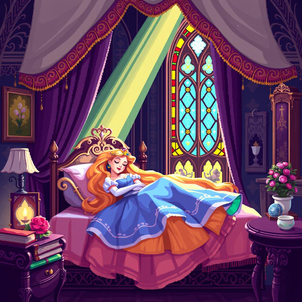 A delightful pixel art scene of Sleeping Beauty peacefully resting in her enchanted castle