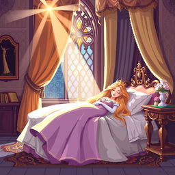 A delightful pixel art scene of Sleeping Beauty peacefully resting in her enchanted castle