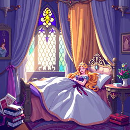 A delightful pixel art scene of Sleeping Beauty peacefully resting in her enchanted castle