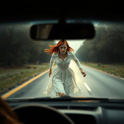 From the perspective inside a car, a mysterious 17-year-old girl with striking red hair, her face concealed, is seen running across the road
