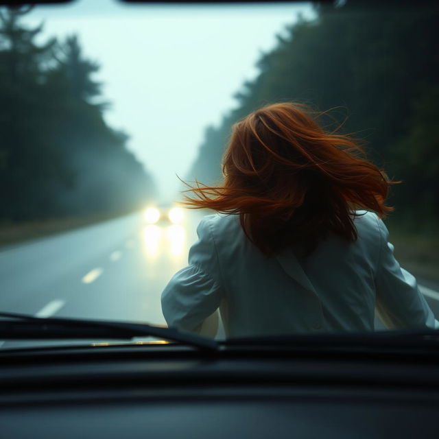 From the perspective inside a car, a mysterious 17-year-old girl with striking red hair, her face concealed, is seen running across the road