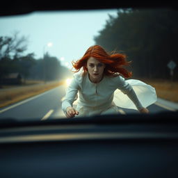 From the perspective inside a car, a mysterious 17-year-old girl with striking red hair, her face concealed, is seen running across the road