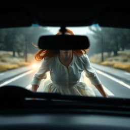 From the perspective inside a car, a mysterious 17-year-old girl with striking red hair, her face concealed, is seen running across the road