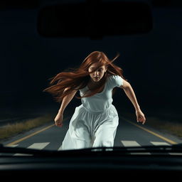 A mysterious 17-year-old girl with long red hair, her face obscured, is running across the road in flowing white clothing