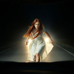 A mysterious 17-year-old girl with long red hair, her face obscured, is running across the road in flowing white clothing