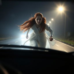 A mysterious 17-year-old girl with long red hair, her face obscured, is running across the road in flowing white clothing