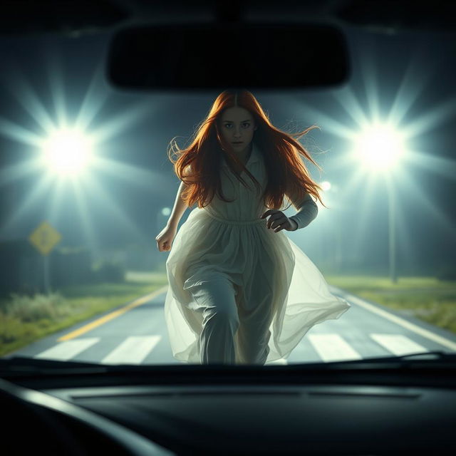 A mysterious 17-year-old girl with long red hair, her face obscured, is running across the road in flowing white clothing