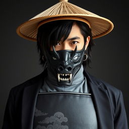 A 23-year-old Japanese man with medium-length jet-black hair that falls naturally around his face, wearing a fitted gray shirt partially obscured by a traditional samurai chestplate, adding an ancient warrior aesthetic to his modern attire