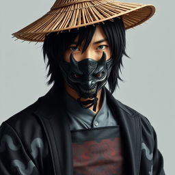 A 23-year-old Japanese man with medium-length jet-black hair that falls naturally around his face, wearing a fitted gray shirt partially obscured by a traditional samurai chestplate, adding an ancient warrior aesthetic to his modern attire