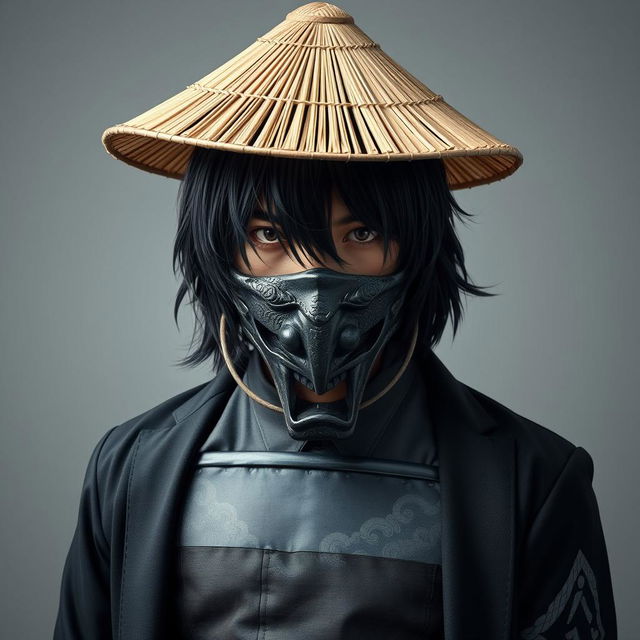 A 23-year-old Japanese man with medium-length jet-black hair that falls naturally around his face, wearing a fitted gray shirt partially obscured by a traditional samurai chestplate, adding an ancient warrior aesthetic to his modern attire