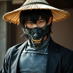 A 23-year-old Japanese man with medium-length jet-black hair that falls naturally around his face, wearing a fitted gray shirt partially obscured by a traditional samurai chestplate, adding an ancient warrior aesthetic to his modern attire