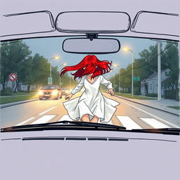 A drawn illustration of a mysterious 17-year-old girl with vibrant red hair, her face obscured, wearing flowing white garments as she dashes across the road