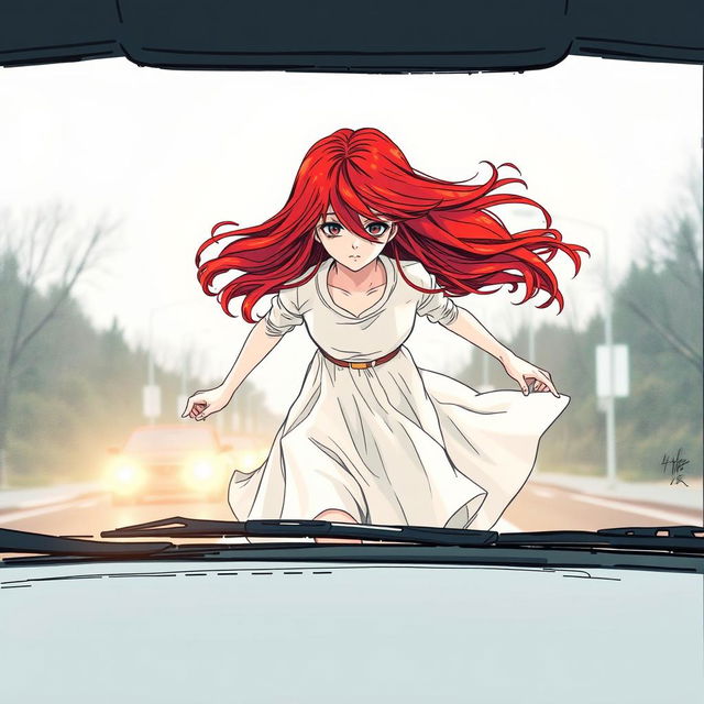 A drawn illustration of a mysterious 17-year-old girl with vibrant red hair, her face obscured, wearing flowing white garments as she dashes across the road