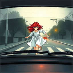 A drawn illustration of a mysterious 17-year-old girl with vibrant red hair, her face obscured, wearing flowing white garments as she dashes across the road