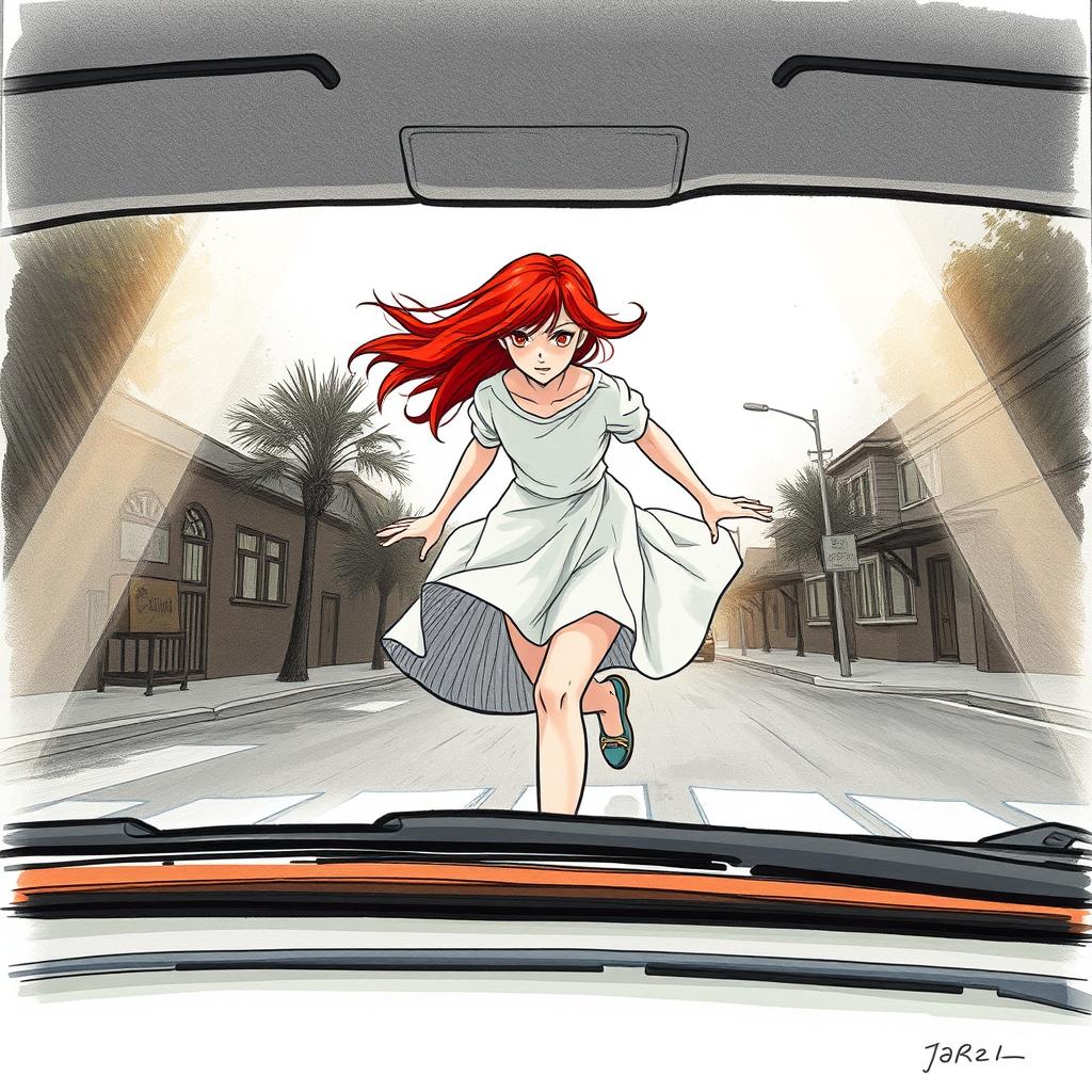 A drawn illustration of a mysterious 17-year-old girl with vibrant red hair, her face obscured, wearing flowing white garments as she dashes across the road