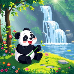 A delightful pixel art scene featuring a cute panda happily munching on bamboo near a tranquil waterfall