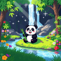 A delightful pixel art scene featuring a cute panda happily munching on bamboo near a tranquil waterfall
