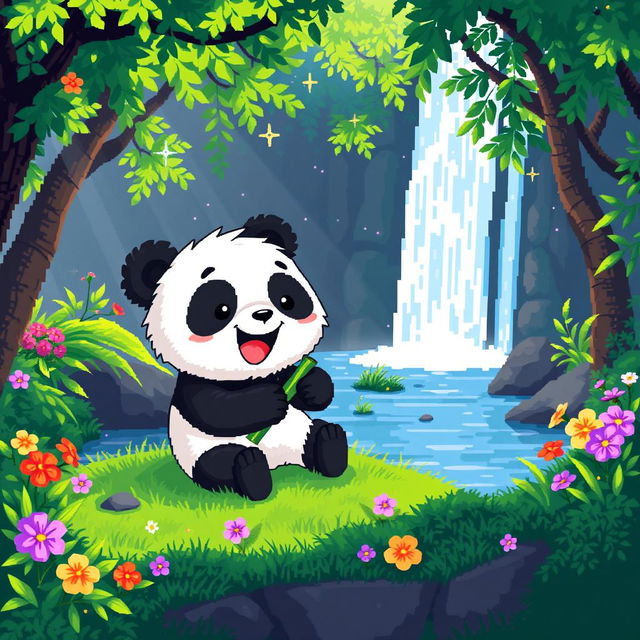 A delightful pixel art scene featuring a cute panda happily munching on bamboo near a tranquil waterfall