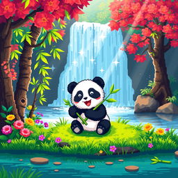 A delightful pixel art scene featuring a cute panda happily munching on bamboo near a tranquil waterfall