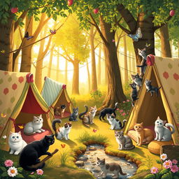A whimsical and colorful scene depicting a cat camp in an enchanting forest