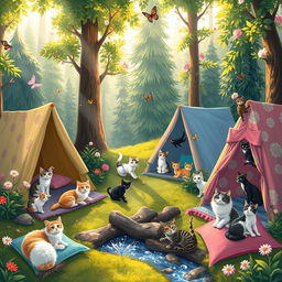 A whimsical and colorful scene depicting a cat camp in an enchanting forest