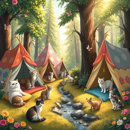 A whimsical and colorful scene depicting a cat camp in an enchanting forest
