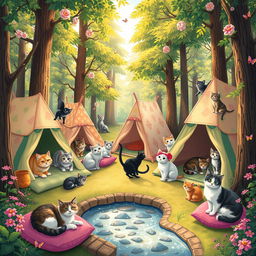 A whimsical and colorful scene depicting a cat camp in an enchanting forest