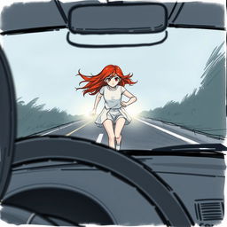 A drawn illustration depicting a mysterious 17-year-old girl with flowing red hair, her face hidden, sprinting across the road in white clothing