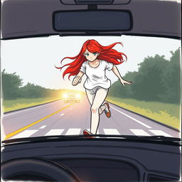 A drawn illustration depicting a mysterious 17-year-old girl with flowing red hair, her face hidden, sprinting across the road in white clothing