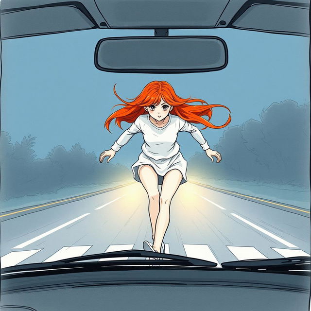 A drawn illustration depicting a mysterious 17-year-old girl with flowing red hair, her face hidden, sprinting across the road in white clothing