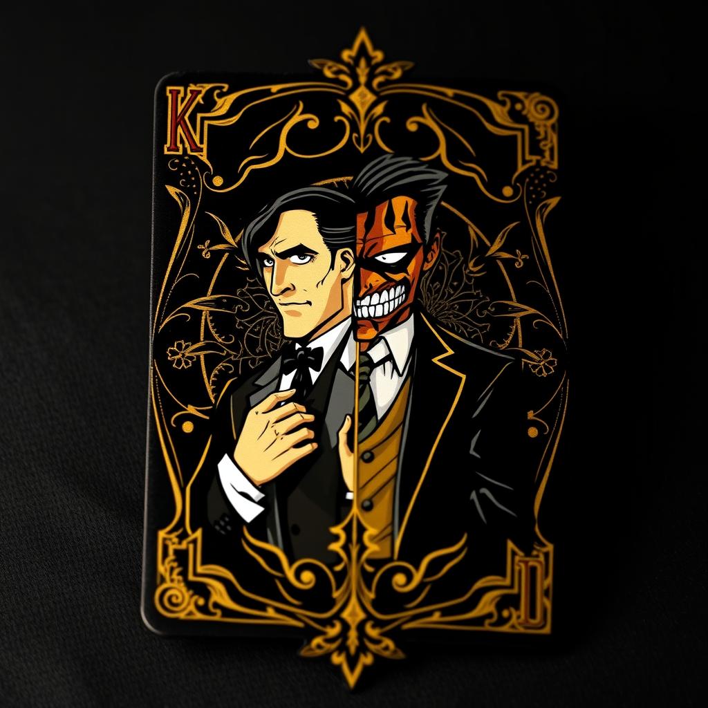 A rare black and gold playing card featuring Harvey Dent, also known as Two-Face, inspired by the animated series Batman from 1992