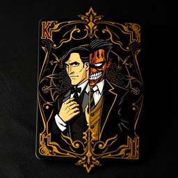 A rare black and gold playing card featuring Harvey Dent, also known as Two-Face, inspired by the animated series Batman from 1992