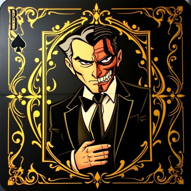 A rare black and gold playing card featuring Harvey Dent, also known as Two-Face, inspired by the animated series Batman from 1992