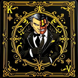 A rare black and gold playing card featuring Harvey Dent, also known as Two-Face, inspired by the animated series Batman from 1992