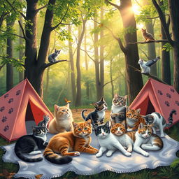 A charming and lively scene of a cats camp set in a peaceful wooded area