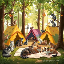 A charming and lively scene of a cats camp set in a peaceful wooded area