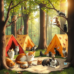 A charming and lively scene of a cats camp set in a peaceful wooded area