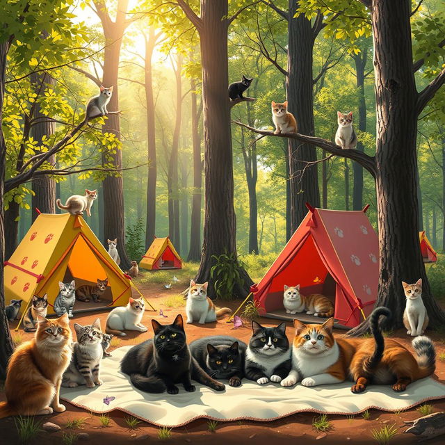 A charming and lively scene of a cats camp set in a peaceful wooded area