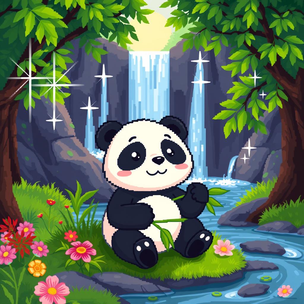 A colorful pixel art scene depicting a cute panda contentedly eating bamboo near a gentle waterfall