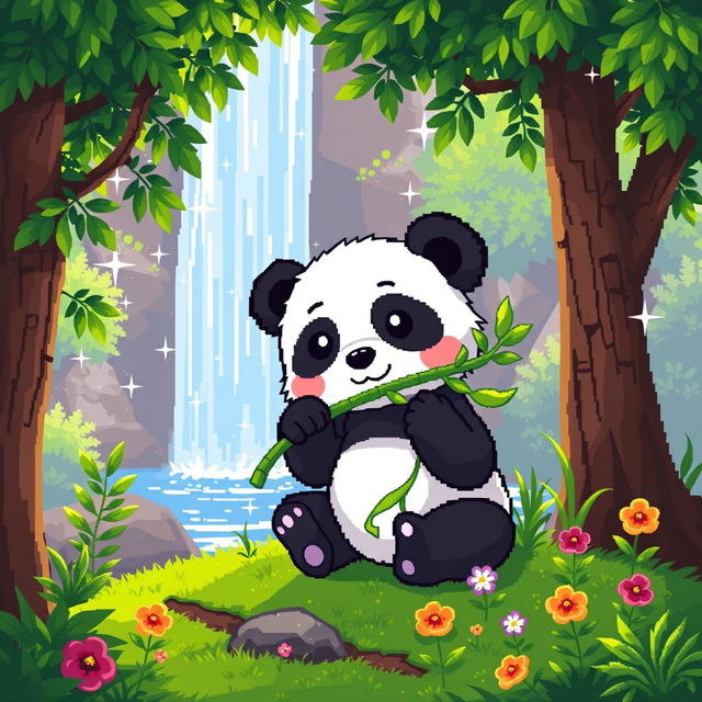 A colorful pixel art scene depicting a cute panda contentedly eating bamboo near a gentle waterfall